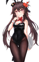 Rule 34 | 1girl, absurdres, ahoge, animal ears, bare arms, bare shoulders, black footwear, black headwear, black leotard, breasts, brown hair, brown pantyhose, cleavage, covered navel, detached collar, fake animal ears, flower, genshin impact, grin, groin, hair between eyes, hair flower, hair ornament, hairband, hand up, hat, highleg, highleg leotard, highres, hu tao (genshin impact), jewelry, leg up, leotard, long hair, looking at viewer, medium breasts, mini hat, multiple rings, neon (hhs9444), pantyhose, playboy bunny, rabbit ears, red eyes, ring, shoes, simple background, smile, solo, star-shaped pupils, star (symbol), strapless, strapless leotard, symbol-shaped pupils, tassel, thigh gap, tilted headwear, twintails, very long hair, white background, wrist cuffs