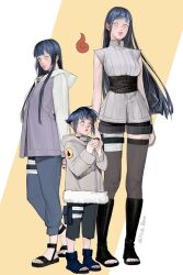 Rule 34 | 3girls, age progression, arms at sides, bandaged leg, bandages, bare arms, belt pouch, black footwear, black pants, black shorts, blue eyes, blue footwear, blue hair, blue pants, blunt bangs, breasts, capri pants, child, closed mouth, commentary, floating hair, forehead protector, grey eyes, grey jacket, grey thighhighs, hands up, highres, holding, hood, hood down, hooded jacket, hyuuga hinata, jacket, konohagakure symbol, large breasts, lipstick, long hair, long sleeves, looking at viewer, makeup, multiple girls, multiple persona, naruto, naruto: the last, naruto (series), naruto shippuuden, pants, plush brain, pouch, purple jacket, sandals, sash, short hair, shorts, sidelocks, smile, solo, standing, straight hair, thighhighs, toeless footwear, twitter username, white background, yellow background