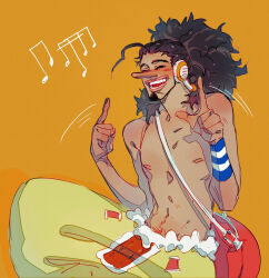 Rule 34 | 1boy, absurdres, black hair, blush, closed eyes, commentary request, curly hair, earmuffs, facial hair, goatee, highres, index finger raised, just noi, long hair, long nose, male focus, musical note, one piece, open mouth, orange background, russian commentary, simple background, smile, solo, teeth, topless male, usopp