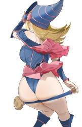 Rule 34 | 1girl, ass, bare shoulders, blonde hair, blue dress, blue panties, boots, breasts, capelet, dark magician girl, dress, duel monster, fingernails, from behind, hand up, hat, highres, large breasts, long hair, panties, pink capelet, shinjiro, short dress, simple background, solo, staff, thighs, underwear, white background, wizard hat, yu-gi-oh!