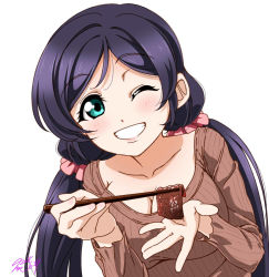Rule 34 | 1girl, aqua eyes, breasts, brown sweater, chopsticks, cleavage, collarbone, cupping hand, food, grin, hair ornament, hair scrunchie, incoming food, long hair, long sleeves, looking at viewer, love live!, love live! school idol festival, love live! school idol project, meat, one eye closed, pink scrunchie, purple hair, scrunchie, signature, simple background, smile, solo, sweater, takeya yuuki, tojo nozomi, upper body, white background