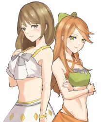 2girls alternate_costume bare_shoulders bikini breasts brown_hair etie_(fire_emblem) fire_emblem fire_emblem_engage goldmary_(fire_emblem) green_eyes highres large_breasts looking_at_viewer multiple_girls nintendo orange_hair small_breasts swimsuit tea6043 white_bikini yellow_eyes