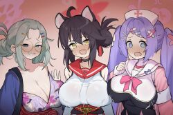 Rule 34 | 3girls, :d, @ @, ahoge, animal ears, black choker, black hair, blue archive, blue eyes, blush, breasts, choker, cleavage, closed mouth, extra ears, fang, glasses, green hair, hair bun, hair ornament, hairclip, halo, hanae (blue archive), hat, highres, jacket, japanese clothes, kaede (blue archive), kimono, large breasts, long hair, long sleeves, looking at viewer, makura u9b, meru (blue archive), multiple girls, nurse cap, official alternate costume, open clothes, open jacket, open mouth, pink halo, pink jacket, purple hair, purple halo, purple kimono, red halo, red sailor collar, round eyewear, sailor collar, short hair, single side bun, skin fang, smile, twintails, white hat, white sailor collar, yellow eyes
