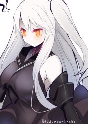 Rule 34 | 10s, 1girl, 9law, abyssal ship, aircraft carrier oni, bad id, bad pixiv id, blush, breasts, colored skin, dress, glowing, glowing eyes, kantai collection, large breasts, long hair, orange eyes, sailor dress, simple background, solo, white background, white hair, white skin