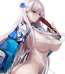 Rule 34 | 1girl, alternate costume, ass, azur lane, belfast (azur lane), belfast (iridescent rosa) (azur lane), belfast (iridescent rosa) (azur lane), blue eyes, blush, braid, breasts, butt crack, chain, chinese clothes, closed mouth, collar, dress, earrings, folding fan, french braid, hand fan, holding, holding fan, jewelry, large breasts, long hair, looking at viewer, misaka 12003-gou, nipples, partially undressed, see-through, shrug (clothing), silver hair, simple background, smile, solo, twisted torso, upper body, white background