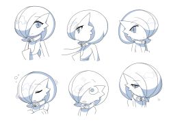 Rule 34 | 1girl, arm up, bags under eyes, blue theme, blush, bob cut, closed eyes, closed mouth, collar, constricted pupils, creatures (company), crossed arms, drooling, expressions, eyes visible through hair, female focus, flat chest, flying sweatdrops, from side, game freak, gardevoir, gen 3 pokemon, hair over one eye, half-closed eyes, happy, japanese text, light blush, looking at viewer, looking down, looking to the side, lotosu, mega stone, monochrome, motion lines, multiple views, nintendo, open mouth, outstretched arm, pokemon, pokemon (creature), profile, sad, short hair, simple background, sleepy, smile, translated, upper body, white background, wide-eyed