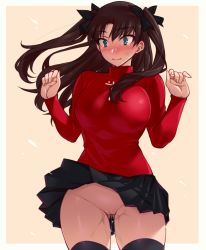 Rule 34 | 1girl, alternate breast size, black ribbon, black skirt, black thighhighs, blue eyes, blush, border, breasts, brown hair, closed mouth, clothes lift, embarrassed, fate/stay night, fate (series), feet out of frame, female focus, gluteal fold, groin, hair ornament, hair ribbon, hands up, highres, large breasts, long hair, long sleeves, looking at viewer, namidame, no panties, nude filter, pleated skirt, pussy, pussy juice, ribbon, ringed eyes, shiny skin, simple background, skirt, skirt lift, solo, standing, thighhighs, third-party edit, tohsaka rin, twintails, two side up, wind, wind lift