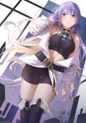 Rule 34 | 1girl, belt, biittertaste, bike shorts, black belt, black shorts, blonde hair, blush, boots, colored inner hair, floating hair, hand in own hair, head tilt, highres, hololive, hololive indonesia, jacket, looking down, midriff, moona hoshinova, multicolored hair, navel, off shoulder, purple eyes, purple hair, shorts, solo, star (sky), thigh boots, thigh gap, thighhighs, virtual youtuber, white jacket