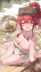 Rule 34 | 1girl, ^ ^, bear, bottle, breasts, choko (cup), cleavage, closed eyes, cup, heart, heart necklace, high ponytail, highres, holding, holding cup, hololive, houshou marine, jewelry, large breasts, naked towel, necklace, onsen, open mouth, sake bottle, shuri (84k), solo, towel, virtual youtuber, water, wet