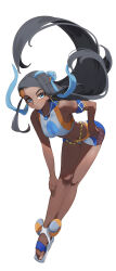 Rule 34 | 1girl, absurdres, aqua eyes, armlet, belly chain, bent over, bike shorts, black hair, blue eyeshadow, blue hair, commentary, creatures (company), eyelashes, eyeshadow, floating hair, full body, game freak, hair bun, hand on own hip, highres, jewelry, knees, legs, looking at viewer, makeup, multicolored hair, nessa (pokemon), nintendo, parted lips, pokemon, pokemon swsh, sandals, sidelocks, simple background, solo, sports bra, summer (724788381), swimsuit, toes, two-tone hair, white background