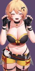 Rule 34 | 1girl, absurdres, bat hair ornament, black choker, black gloves, black nails, black shorts, blonde hair, blush, breasts, brown eyes, brown thighhighs, choker, cleavage, collarbone, fangs, fingerless gloves, fingernails, garter straps, gloves, hair ornament, highres, hololive, kourui, large breasts, looking at viewer, midriff, nail polish, navel, open mouth, purple background, short hair, shorts, simple background, single thighhigh, smile, solo, teeth, thigh strap, thighhighs, thighs, upper teeth only, virtual youtuber, yozora mel, yozora mel (2nd costume)