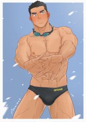 Rule 34 | 1boy, abs, amaimao, bara, black male swimwear, blush, bulge, cracking knuckles, ear blush, feet out of frame, goggles, goggles around neck, highres, large pectorals, male focus, male swimwear, muscular, muscular male, navel, nipples, original, pectorals, short hair, shy, solo, standing, swim briefs, thick thighs, thighs
