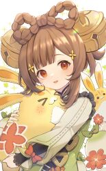 Rule 34 | 1girl, absurdres, bell, braid, brown hair, dress, genshin impact, green dress, hair bell, hair ornament, highres, holding, holding stuffed toy, long sleeves, looking at viewer, marekamico, open mouth, orange eyes, puffy long sleeves, puffy sleeves, short hair, smile, solo, stuffed animal, stuffed rabbit, stuffed toy, upper body, yaoyao (genshin impact), yuegui (genshin impact)