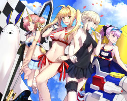 Rule 34 | &lt;o&gt; &lt;o&gt;, 5girls, animal ears, artoria pendragon (alter swimsuit rider) (fate), artoria pendragon (alter swimsuit rider) (first ascension) (fate), artoria pendragon (fate), bandaged arm, bandaged leg, bandages, bead bracelet, beads, bikini, bikini skirt, black one-piece swimsuit, black ribbon, blanket, blonde hair, blue bikini, blue skirt, blush, bracelet, braid, breasts, bridal garter, cloud, cosplay, criss-cross halter, detached sleeves, double bun, dutch angle, earrings, fate/apocrypha, fate/grand order, fate (series), food, frankenstein&#039;s monster (fate), frankenstein&#039;s monster (swimsuit saber) (fate), frankenstein&#039;s monster (swimsuit saber) (second ascension) (fate), french braid, green eyes, hair between eyes, hair bun, hair intakes, hair ornament, hair over one eye, hairclip, halterneck, headgear, helena blavatsky (fate), helena blavatsky (swimsuit archer) (fate), helena blavatsky (swimsuit archer) (first ascension) (fate), holding, holding weapon, horns, jackal ears, jacket, jewelry, large breasts, locked arms, long hair, looking at viewer, looking away, medium breasts, medjed (fate), medjed (fate) (cosplay), multiple girls, navel, nero claudius (fate), nero claudius (fate) (all), nero claudius (swimsuit caster) (fate), nitocris (fate), nitocris (fate/grand order), nitocris (swimsuit assassin) (fate), official alternate costume, one-piece swimsuit, open mouth, outdoors, pink hair, ponytail, popsicle, purple eyes, purple hair, ribbon, shigure s, short hair, side-tie bikini bottom, sideboob, single detached sleeve, single horn, skirt, sky, sleeves past fingers, sleeves past wrists, small breasts, striped bikini, striped clothes, swimsuit, thighhighs, tsurime, twintails, weapon, white bikini, yellow eyes