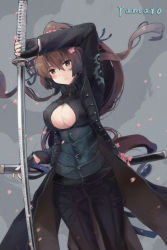 Rule 34 | 1girl, alternate costume, black coat, black gloves, black pants, breasts, brown eyes, brown hair, cherry blossoms, cleavage, cleavage cutout, clothing cutout, coat, devil may cry (series), finger to mouth, flower, gloves, hair flower, hair ornament, highres, himeyamato, kantai collection, large breasts, long hair, looking at viewer, name connection, object namesake, pants, ponytail, sheath, solo, standing, sword, weapon, yamato (kancolle)