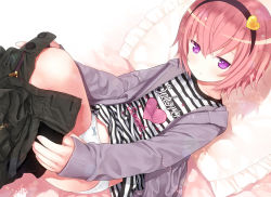 Rule 34 | 1girl, clothes pull, clothes writing, expressionless, hairband, heart, hood, hooded jacket, jacket, kiira, komeiji satori, long sleeves, looking at viewer, lying, panties, pants, pants pull, pillow, pink hair, purple eyes, shirt, short hair, sitting, solo, striped clothes, striped shirt, touhou, unbuttoned, underwear, undressing, unzipped, white panties, zipper