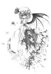 Rule 34 | 1girl, bat wings, dress, female focus, frills, greyscale, hat, kurona, looking at viewer, mob cap, monochrome, puffy short sleeves, puffy sleeves, remilia scarlet, short sleeves, simple background, solo, touhou, white background, wings