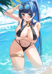 Rule 34 | 1girl, absurdres, arm under breasts, black one-piece swimsuit, blue eyes, blue hair, blue sky, blush, breasts, cleavage, colored inner hair, eyewear on head, halterneck, haruuukuma, highres, hololive, hololive english, large breasts, long hair, looking at viewer, midriff, multicolored hair, navel, one-piece swimsuit, ouro kronii, palm leaf, palm tree, ponytail, sky, solo, swimsuit, tree, virtual youtuber, wading, water, wet, yellow-framed eyewear