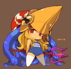 Rule 34 | 1girl, bad id, bad twitter id, blonde hair, capcom fighting jam, chibi, closed mouth, flat chest, full body, genderswap, genderswap (mtf), helmet, long hair, looking at viewer, midnight bliss, mota, nool, one-piece swimsuit, polearm, red eyes, school swimsuit, simple background, solo, swimsuit, tentacles, thighhighs, warzard, weapon, white thighhighs