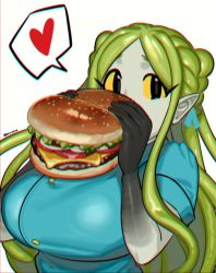 Rule 34 | 1girl, artist request, black eyes, blue shirt, bread, breasts, burger, cheese, colored sclera, eating, eyelashes, female focus, food, green hair, happy, head tilt, heart, highres, holding, holding food, large breasts, lettuce, long hair, long sleeves, looking at viewer, meat, monster girl, onion, pointy ears, shiny clothes, shiny skin, shirt, sidelocks, solo, solo focus, taut clothes, taut shirt, tomato, upper body, white background, yellow sclera