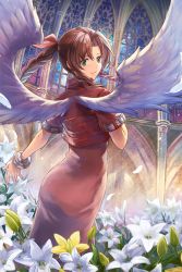 Rule 34 | 1girl, aerith gainsborough, angel wings, brown hair, church, closed mouth, cropped jacket, dress, feathered wings, feathers, final fantasy, final fantasy vii, flower, from behind, green eyes, hair intakes, hair ribbon, jacket, light particles, lily (flower), long hair, looking at viewer, looking back, pink dress, pink ribbon, red jacket, ribbon, sasanomesi, short sleeves, smile, solo, standing, white flower, white wings, wings, yellow flower
