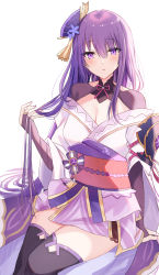Rule 34 | 1girl, bare shoulders, breasts, cleavage, detached collar, genshin impact, hair ornament, highres, japanese clothes, kimono, kinona, large breasts, long hair, long sleeves, looking at viewer, mole, mole under eye, obi, off shoulder, purple eyes, purple hair, purple kimono, purple thighhighs, raiden shogun, sash, shrug (clothing), simple background, solo, thighhighs, thighs, white background, wide sleeves