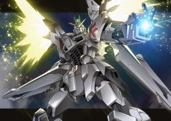 Rule 34 | destiny gundam, energy wings, f91 gundam, fusion, gamiani zero, glowing, glowing eyes, glowing hand, green eyes, gundam, gundam f91, gundam seed, gundam seed destiny, highres, impulse gundam, looking up, mecha, mobile suit, no humans, open hand, robot, science fiction, solo, v-fin