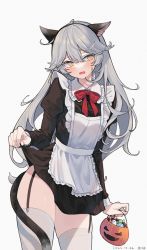 Rule 34 | 1girl, animal ears, apron, black dress, bow, bowtie, cat ears, cat girl, cat tail, clothes lift, contrapposto, cowboy shot, dated, dress, dress lift, embarrassed, fake animal ears, fake tail, fang, frilled apron, frills, garter straps, grey background, grey hair, hairband, halloween bucket, head tilt, highres, holding, juliet sleeves, long hair, long sleeves, looking at viewer, maid, maid apron, mimelond, neck ribbon, open mouth, original, puffy sleeves, red ribbon, ribbon, short dress, sidelocks, simple background, skin fang, skindentation, solo, standing, tail, thighhighs, thighs, very long hair, wavy mouth, white apron, white background, white thighhighs, wing collar, yellow eyes, zettai ryouiki