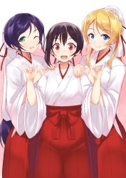 Rule 34 | 10s, 3girls, :d, :q, ;d, \m/, alternate hairstyle, ayase eli, black hair, blonde hair, blue eyes, double \m/, girl sandwich, green eyes, hakama, hakama skirt, highres, japanese clothes, long hair, looking at viewer, love live!, love live! school idol festival, love live! school idol project, miko, multiple girls, one eye closed, open mouth, ponkotsu (ayarosu), ponytail, purple hair, red eyes, red hakama, sandwiched, skirt, smile, tongue, tongue out, tojo nozomi, transparent background, wide sleeves, wink, yazawa nico