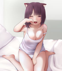 Rule 34 | 1girl, :d, animal ears, breasts, brown hair, camisole, cat ears, cleavage, kozue akari, large breasts, looking at viewer, on bed, one eye closed, open mouth, original, panties, red eyes, sitting, smile, solo, strap slip, underwear, waking up, wariza, white panties