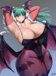 Rule 34 | 1girl, armpits, arms behind head, arms up, batako (batakoart), blush, breasts, capcom, cleavage, curvy, gloves, green eyes, green hair, head wings, highres, huge breasts, leotard, looking at viewer, mature female, morrigan aensland, pantyhose, parted lips, purple pantyhose, solo, thick thighs, thighs, vampire (game), wide hips, wings