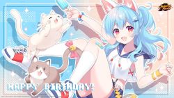 Rule 34 | 1girl, :3, animal, animal ears, bandaid, bandaid on knee, bandaid on leg, bell, blue hair, bow, bracelet, cat, cat ears, copyright name, copyright notice, fang, food, hair ornament, hairpin, happy birthday, holding, holding food, igarashi haruna, jewelry, kusumoto shizuru, light blue hair, logo, looking at viewer, mahjong soul, official art, pink bow, popsicle, red eyes, shoes, skin fang, smile, sneakers, sparkle, sweatband, yostar