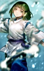 Rule 34 | 1boy, blunt bangs, blurry, bob cut, closed mouth, commentary request, depth of field, green eyes, green hair, haku (sen to chihiro no kamikakushi), japanese clothes, kariginu, looking at viewer, male focus, outstretched arms, sen to chihiro no kamikakushi, short hair, solo, soraao0322, spread arms, standing, wide sleeves