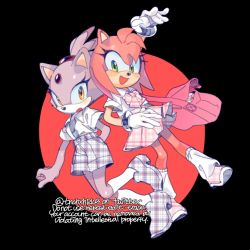 Rule 34 | 2girls, amy rose, animal ears, animal nose, arm behind back, arm up, artist name, bag, black border, blaze the cat, blush, blush stickers, body fur, border, bow, bowtie, cat ears, cat girl, clenched hand, collared shirt, dutch angle, english text, female focus, flat chest, forehead jewel, full body, furry, furry female, gem, gloves, green eyes, hair tie, happy, kneehighs, knees together feet apart, leg up, leg warmers, looking at viewer, miniskirt, multicolored hair, multiple girls, open clothes, open mouth, open shirt, outside border, pink bow, pink bowtie, pink footwear, pink fur, pink hair, pink skirt, plaid, plaid bow, plaid footwear, plaid shorts, plaid skirt, pleated skirt, purple footwear, purple fur, purple hair, purple shorts, red background, red gemstone, round image, school uniform, shirt, shirt tucked in, shoes, short hair, short shorts, short sleeves, shorts, shoulder bag, sidelocks, simple background, skirt, smile, socks, sonic (series), standing, standing on one leg, sucho, topknot, twitter username, two-tone fur, two-tone hair, undershirt, unmoving pattern, white fur, white gloves, white legwear, white shirt, wide-eyed