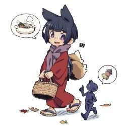 Rule 34 | 1girl, 1other, :d, animal ears, autumn leaves, basket, black hair, brown footwear, brown scarf, commentary request, demon, food request, fox ears, fox girl, fox tail, fringe trim, holding, holding basket, japanese clothes, kimono, kitsune, kukuri (mawaru), long sleeves, mawaru (mawaru), open mouth, original, purple eyes, red kimono, sandals, scarf, short hair, smile, spoken food, tail, thick eyebrows, walking, white background, wide sleeves, zouri