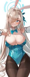 Rule 34 | 1girl, absurdres, alpha beast, animal ears, aqua leotard, asuna (blue archive), asuna (bunny) (blue archive), asymmetrical bangs, blue archive, blue bow, blue bowtie, blue leotard, bow, bowtie, breasts, cleavage, commentary, covered navel, detached collar, fake animal ears, hair over one eye, halo, highleg, highleg leotard, highres, large breasts, leotard, light brown hair, long bangs, long hair, mole, mole on breast, official alternate costume, one eye covered, pantyhose, playboy bunny, rabbit ears, simple background, solo, strapless, strapless leotard, thigh gap, thighband pantyhose, traditional bowtie, very long hair, white background