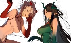 Rule 34 | 2girls, arknights, bare shoulders, black hair, braid, china dress, chinese clothes, dragon girl, dragon horns, dress, dusk (arknights), green dress, horns, kurogiri, long hair, looking at viewer, looking down, multiple girls, nian (arknights), open mouth, pointy ears, red eyes, side braid, sleeveless, sleeveless dress, white dress, white hair