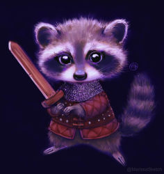 Rule 34 | animal, armor, artist name, black background, black eyes, holding, holding sword, holding weapon, looking at viewer, marissa (marissasketch), no humans, original, personification, raccoon, solo, standing, sword, watermark, weapon, wooden sword