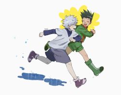 Rule 34 | 2boys, 535zip, ahoge, black hair, gon freecss, green footwear, green jacket, green shorts, highres, hunter x hunter, jacket, killua zoldyck, looking at another, male focus, multiple boys, open mouth, puddle, running, shirt, shorts, smile, spiked hair, turtleneck, twitter username, white background, white hair, white shirt