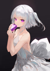 Rule 34 | 1girl, absurdres, bare arms, bare shoulders, black background, closed mouth, collarbone, commentary, criss-cross halter, dress, english commentary, grey hair, halterneck, hands up, heart, highres, ichika (ichika87), looking at viewer, one side up, original, purple eyes, simple background, smile, solo, white dress