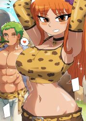 Rule 34 | 1boy, 1girl, absurdres, animal print, arms up, belt, black eyes, blush, bottle, breasts, brown eyes, brown shorts, cat choker, choker, cleavage, cloud, collarbone, drinking, earrings, flower, green hair, grin, hair flower, hair ornament, heart, highres, holding, jewelry, large breasts, leopard print, leopard tail, long hair, looking at viewer, midriff, nami (one piece), navel, one eye closed, one piece, orange belt, orange hair, orange shirt, pants, print shirt, roronoa zoro, scar, scar across eye, shirt, short hair, shorts, sky, smile, sparkle, speech bubble, spoken heart, standing, tail, tank top, teeth, tony welt, topless, white pants