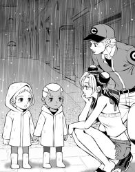 Rule 34 | 1girl, 3boys, aged down, aged up, baseball cap, brothers, commentary request, dark-skinned male, dark skin, double bun, emporio alnino, enrico pucci, hair bun, hat, holding hands, jojo no kimyou na bouken, kid (kidocchi), kuujou jolyne, long hair, looking at another, multicolored hair, multiple boys, outdoors, pants, rain, raincoat, shoes, shorts, siblings, sneakers, squatting, stone ocean, time paradox, twins, two-tone hair, weather report