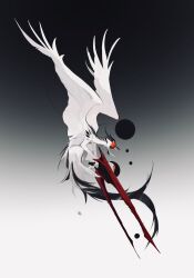 Rule 34 | animal, black feathers, black hole, creature, dragon, feathers, highres, holding, holding weapon, kamikiririp, no humans, original, solo, weapon, white feathers, white wings, wings
