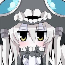Rule 34 | 10s, 1girl, :|, abyssal ship, chibi, close-up, closed mouth, double v, kantai collection, looking at viewer, monster, pale skin, personification, silver hair, solo, twumi, v, wo-class aircraft carrier, yellow eyes