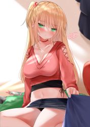 Rule 34 | 1girl, bad id, bad tumblr id, black panties, black skirt, blonde hair, breasts, cellphone, cleavage, commentary request, green eyes, hair ornament, halterneck, highres, long hair, medium breasts, miniskirt, nail polish, navel, neco meito, original, panties, pantyshot, phone, ponytail, pout, pulling, red sweater, signature, sitting, skirt, smartphone, smartphone case, solo, sweater, underwear