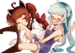 Rule 34 | 2girls, ahoge, barefoot, blue dress, blue hair, breasts, brown hair, brown pantyhose, closed eyes, clothes pull, covering privates, covering crotch, dress, fang, frilled dress, frills, glasses, highres, japanese clothes, kimono, long hair, multiple girls, no shoes, obi, one eye closed, open mouth, otomachi una, pantyhose, pantyhose pull, parted lips, red-framed eyewear, red eyes, sailor collar, sailor dress, sash, sasurai susuki, semi-rimless eyewear, simple background, sleeveless, sleeveless dress, small breasts, soles, talkex, touhoku kiritan, twintails, under-rim eyewear, very long hair, voiceroid, white background, white kimono, white sailor collar, yuri