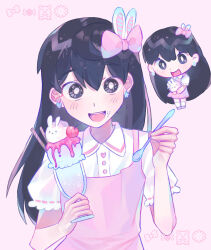 Rule 34 | 1girl, aged down, alternate costume, animal, aubrey (faraway) (omori), aubrey (omori), black eyes, black hair, blush, bow, bright pupils, buttons, cherry, chibi, collared shirt, cup, dress, earrings, food, fruit, hair behind ear, hair between eyes, hair bow, heart, heart earrings, highres, holding, holding animal, holding cup, holding rabbit, holding spoon, ice cream, icing, iro (mywife sunny), jewelry, looking at viewer, mismatched earrings, no eyebrows, omori, open mouth, pink background, pink bow, pink dress, pink trim, purple footwear, rabbit, shirt, short dress, short sleeves, smile, socks, solo, spoon, star (symbol), star earrings, sundae, white pupils, white shirt, white socks