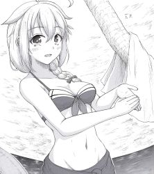 Rule 34 | 1girl, absurdres, ahoge, bikini, braid, breasts, cleavage, dated, front-tie bikini top, front-tie top, greyscale, groin, h2 (h20000000), hair flaps, hair over shoulder, highres, kantai collection, looking at viewer, medium breasts, monochrome, navel, ocean, open mouth, outdoors, palm tree, shigure (kancolle), shigure kai ni (kancolle), signature, single braid, skirt, solo, swimsuit, towel, traditional media, tree, upper body