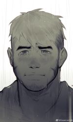 Rule 34 | 1boy, absurdres, blush, crying, crying with eyes open, facial hair, frown, greyscale, highres, hood, hoodie, long sideburns, looking at viewer, male focus, monochrome, original, portrait, powerlesssong, rain, short hair, sideburns, solo, stubble, tears, undercut, wet, wet hair