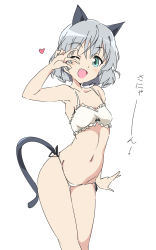 Rule 34 | 1girl, ;d, animal ears, armpits, bow, bow bra, bra, breasts, cat ears, cat tail, collarbone, dot nose, green eyes, groin, heart, highres, japanese text, medium hair, micro panties, navel, one eye closed, open mouth, panties, peace symbol, sanya v. litvyak, side-tie panties, silver hair, small breasts, smile, solo, strike witches, tail, translation request, umanosuke, underwear, white background, white bra, white panties, world witches series